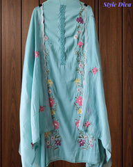 Mul Cotton Embroidered Unstitched Suit With Crochet Lacing & Colorful Scalloped Dupatta