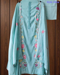 Mul Cotton Embroidered Unstitched Suit With Crochet Lacing & Colorful Scalloped Dupatta
