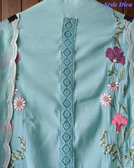 Mul Cotton Embroidered Unstitched Suit With Crochet Lacing & Colorful Scalloped Dupatta