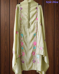 Mul Cotton Embroidered Unstitched Suit With Crochet Lacing & Colorful Scalloped Dupatta