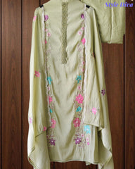 Mul Cotton Embroidered Unstitched Suit With Crochet Lacing & Colorful Scalloped Dupatta