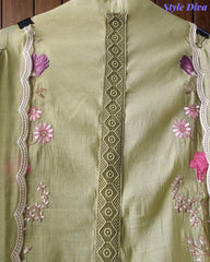 Mul Cotton Embroidered Unstitched Suit With Crochet Lacing & Colorful Scalloped Dupatta