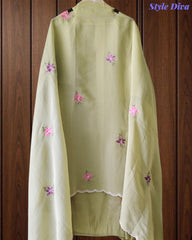 Mul Cotton Embroidered Unstitched Suit With Crochet Lacing & Colorful Scalloped Dupatta
