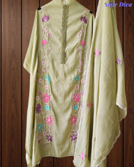 Mul Cotton Embroidered Unstitched Suit With Crochet Lacing & Colorful Scalloped Dupatta