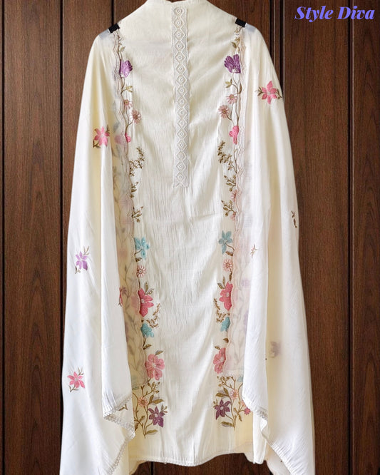Mul Cotton Embroidered Unstitched Suit With Crochet Lacing & Colorful Scalloped Dupatta