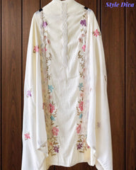 Mul Cotton Embroidered Unstitched Suit With Crochet Lacing & Colorful Scalloped Dupatta