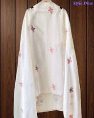 Mul Cotton Embroidered Unstitched Suit With Crochet Lacing & Colorful Scalloped Dupatta