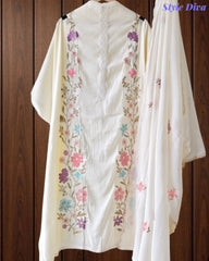 Mul Cotton Embroidered Unstitched Suit With Crochet Lacing & Colorful Scalloped Dupatta