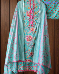 Cotton Pakistani Style Printed Un-Stitched Suit with Crochet Lacing Dupatta