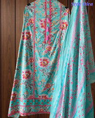 Cotton Pakistani Style Printed Un-Stitched Suit with Crochet Lacing Dupatta