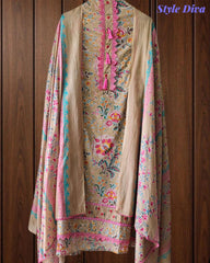Cotton Pakistani Style Printed Un-Stitched Suit with Crochet Lacing Dupatta