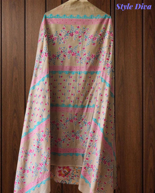 Cotton Pakistani Style Printed Un-Stitched Suit with Crochet Lacing Dupatta