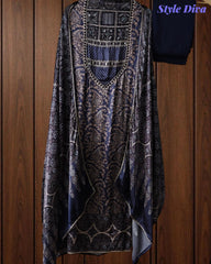 NAVY BLUE - Gajji Silk Digital Print Mirror Work Unstitched Suit with Digital Print Dupatta