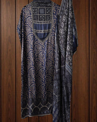 NAVY BLUE - Gajji Silk Digital Print Mirror Work Unstitched Suit with Digital Print Dupatta