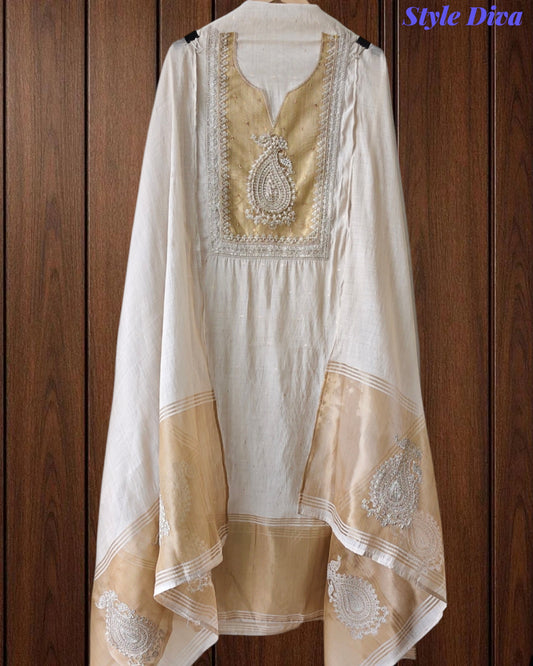 Jamdani Cotton Banarsi Weaving Unstitched Suit With Sequin Work & Golden Border Dupatta