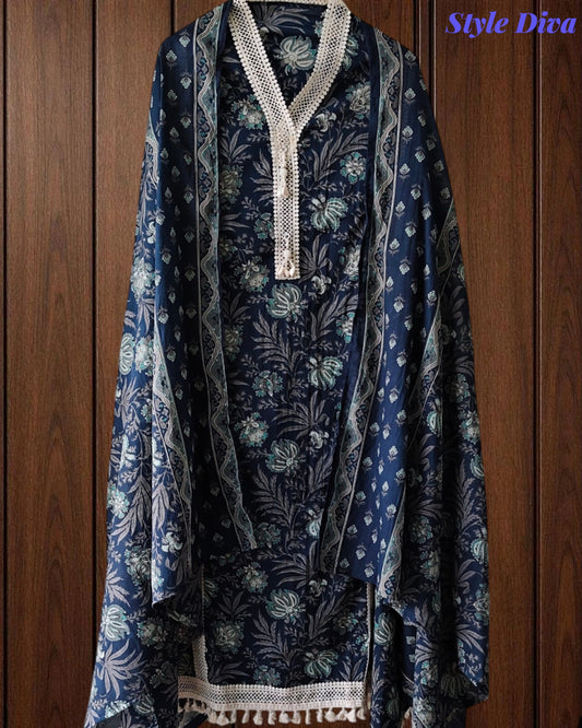 Cotton Pakistani Style Printed Unstitched Suit With Crochet Lacing & Printed Dupatta