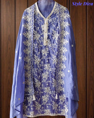 Mul Cotton Pakistani Style Embroidered Unstitched Suit With Crochet Lacing & Scalloped Dupatta