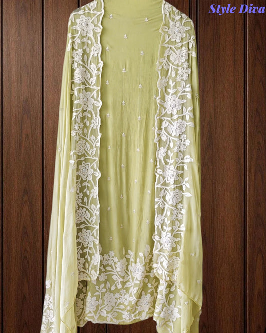 Premium Chinnon Overall Embroidered Unstitched Suit with Pearl Highlights