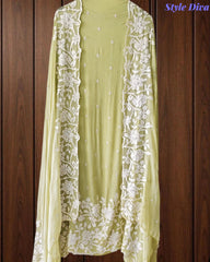 Premium Chinnon Overall Embroidered Unstitched Suit with Pearl Highlights