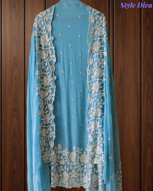Premium Chinnon Overall Embroidered Unstitched Suit with Pearl Highlights