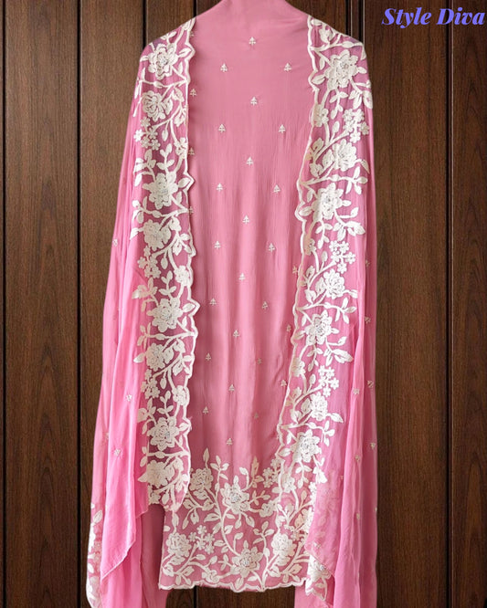Premium Chinnon Overall Embroidered Unstitched Suit with Pearl Highlights