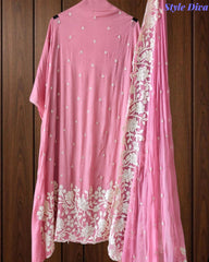 Premium Chinnon Overall Embroidered Unstitched Suit with Pearl Highlights