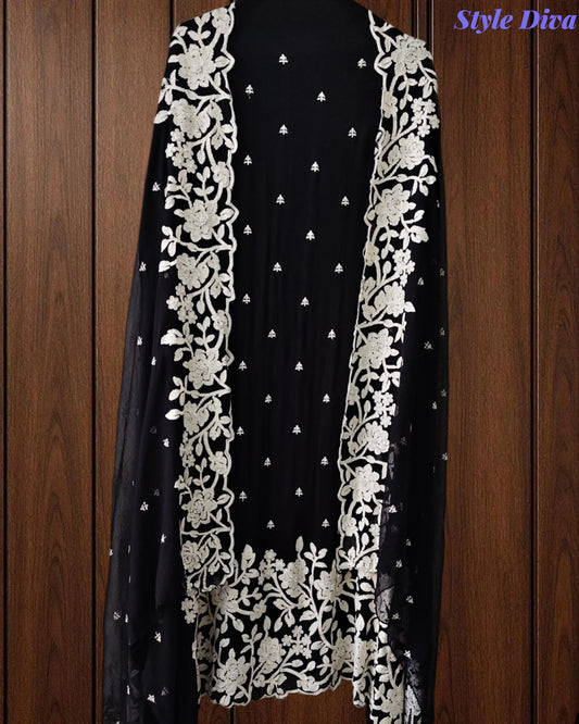 Premium Chinnon Overall Embroidered Unstitched Suit with Pearl Highlights