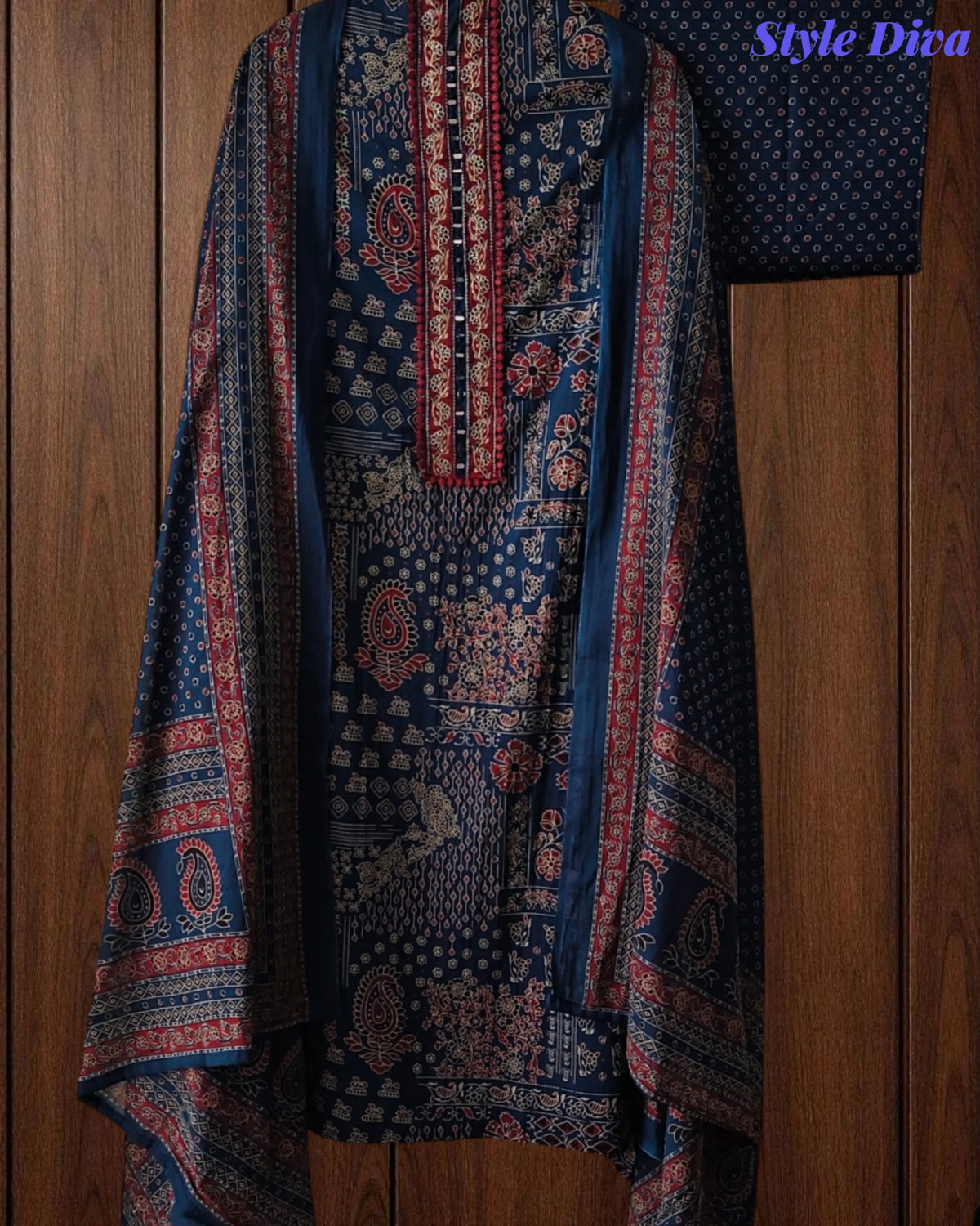 Pure Cotton Traditional Ajrak Printed Unstitched Suit With Zari Highlights & Mirror Work