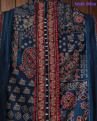 Pure Cotton Traditional Ajrak Printed Unstitched Suit With Zari Highlights & Mirror Work