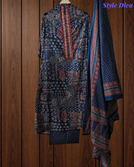 Pure Cotton Traditional Ajrak Printed Unstitched Suit With Zari Highlights & Mirror Work