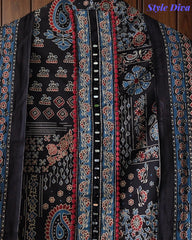 Pure Cotton Traditional Ajrak Printed Unstitched Suit With Zari Highlights & Mirror Work