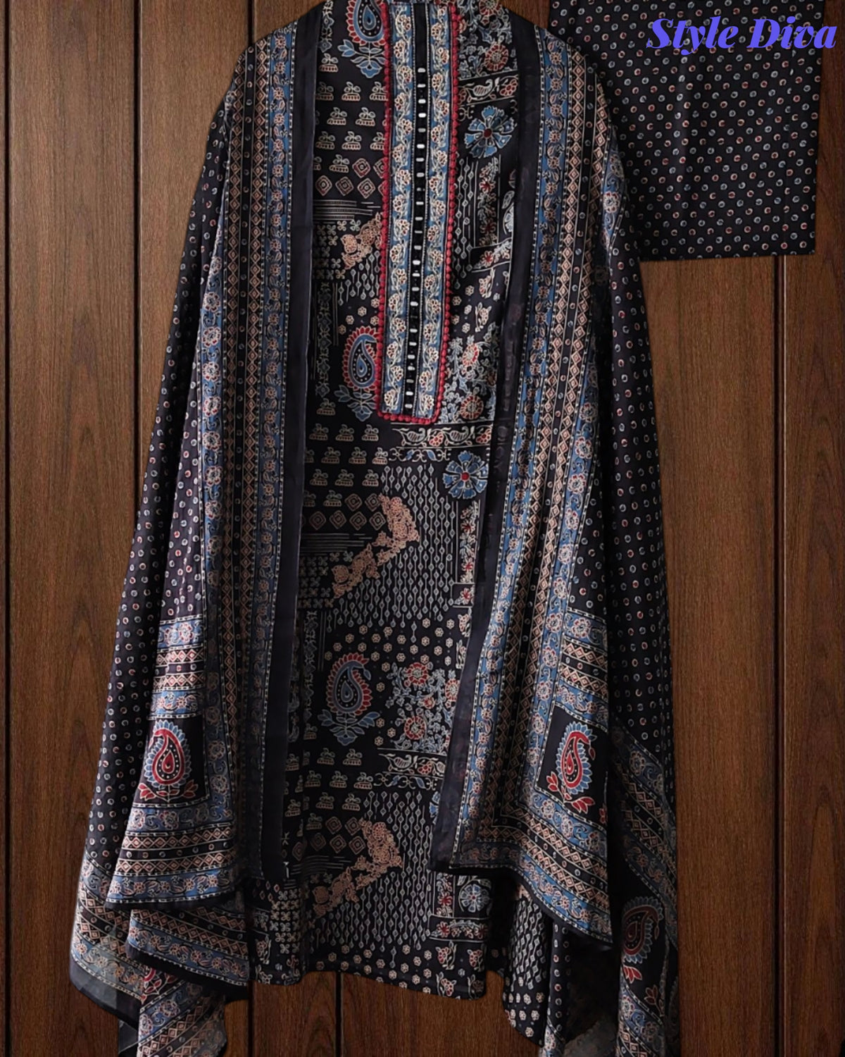 Pure Cotton Traditional Ajrak Printed Unstitched Suit With Zari Highlights & Mirror Work
