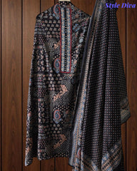 Pure Cotton Traditional Ajrak Printed Unstitched Suit With Zari Highlights & Mirror Work