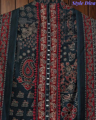 Pure Cotton Traditional Ajrak Printed Unstitched Suit With Zari Highlights & Mirror Work