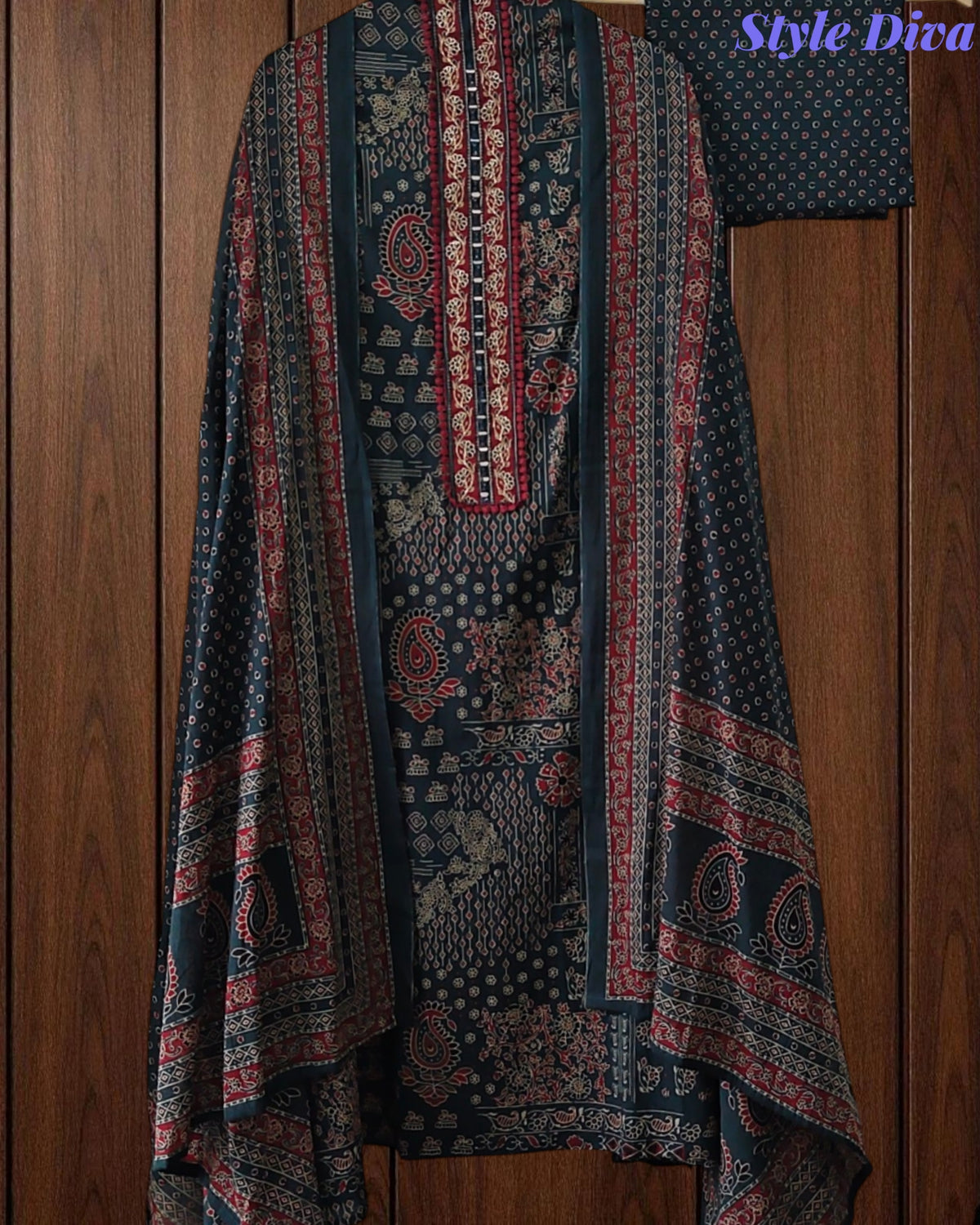 Pure Cotton Traditional Ajrak Printed Unstitched Suit With Zari Highlights & Mirror Work