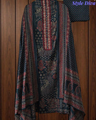 Pure Cotton Traditional Ajrak Printed Unstitched Suit With Zari Highlights & Mirror Work