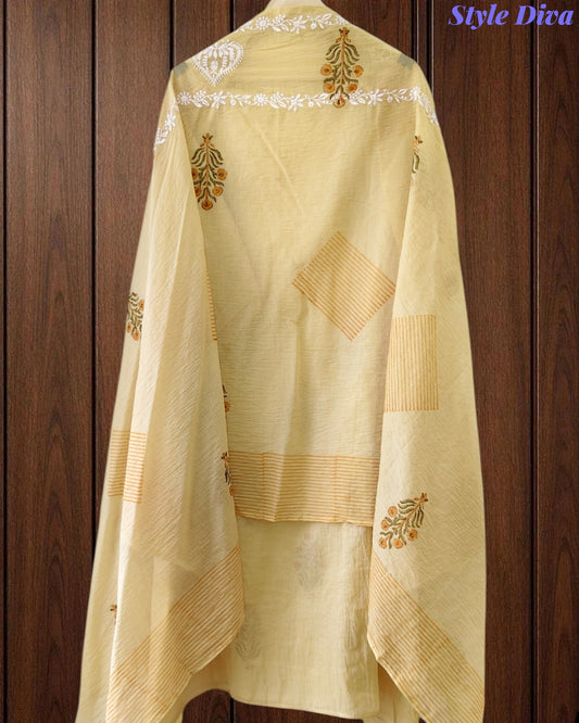 Mul Cotton Block Print Unstitched Suit with Embroidery & Block Print Dupatta