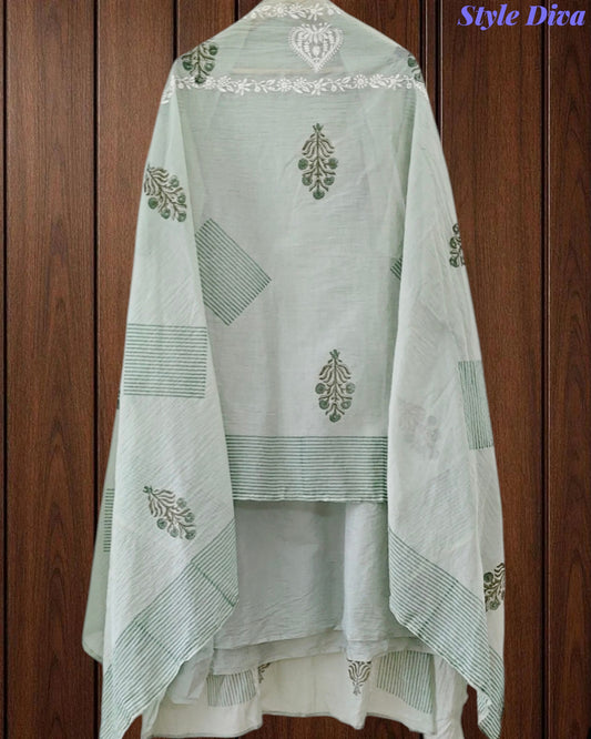 Mul Cotton Block Print Unstitched Suit with Embroidery & Block Print Dupatta