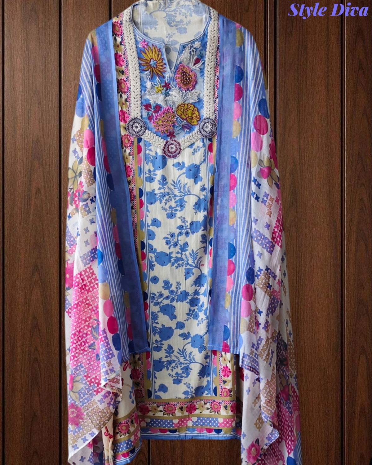 Pure Cotton Printed Unstitched Suit with Pearl Highlighting & Printed Dupatta