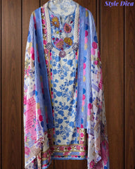 Pure Cotton Printed Unstitched Suit with Pearl Highlighting & Printed Dupatta