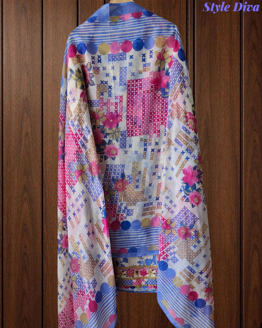 Pure Cotton Printed Unstitched Suit with Pearl Highlighting & Printed Dupatta