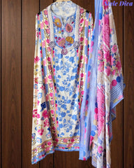 Pure Cotton Printed Unstitched Suit with Pearl Highlighting & Printed Dupatta