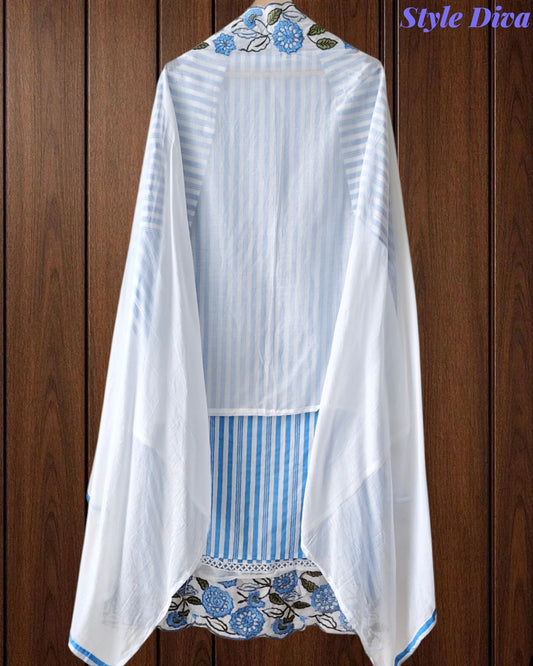 Cotton Printed Daman Embroidery Work Unstitched Suit with Muslin Scalloped Dupatta