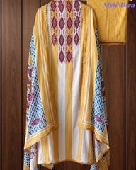 Mul Cotton Printed Unstitched Suit Set with Crochet Lacing, Pearl Highlighting & Digital Print Dupatta