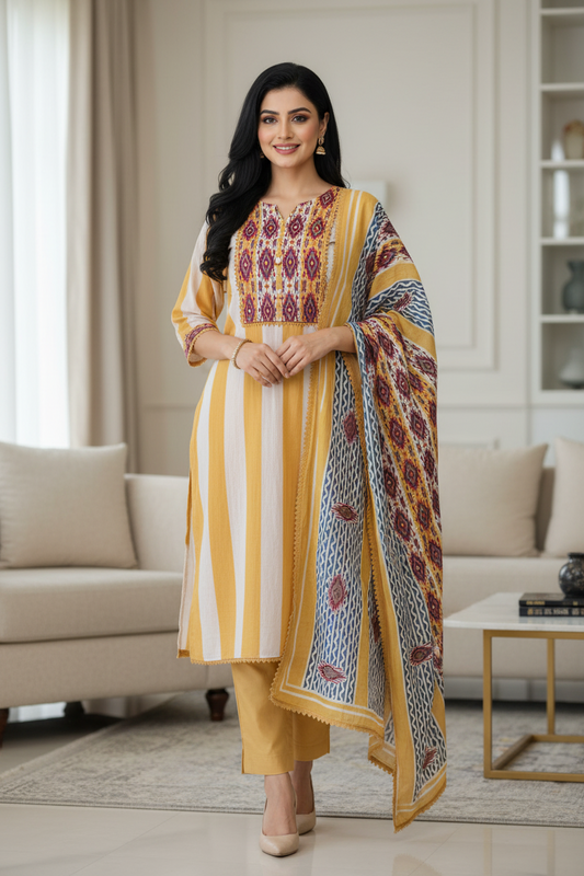 Mul Cotton Printed Unstitched Suit Set with Crochet Lacing, Pearl Highlighting & Digital Print Dupatta
