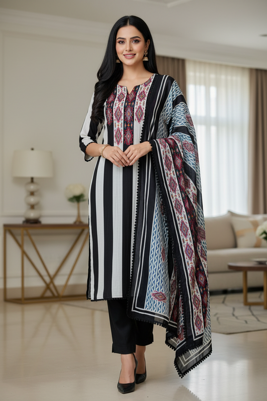 Mul Cotton Printed Unstitched Suit Set with Crochet Lacing, Pearl Highlighting & Digital Print Dupatta