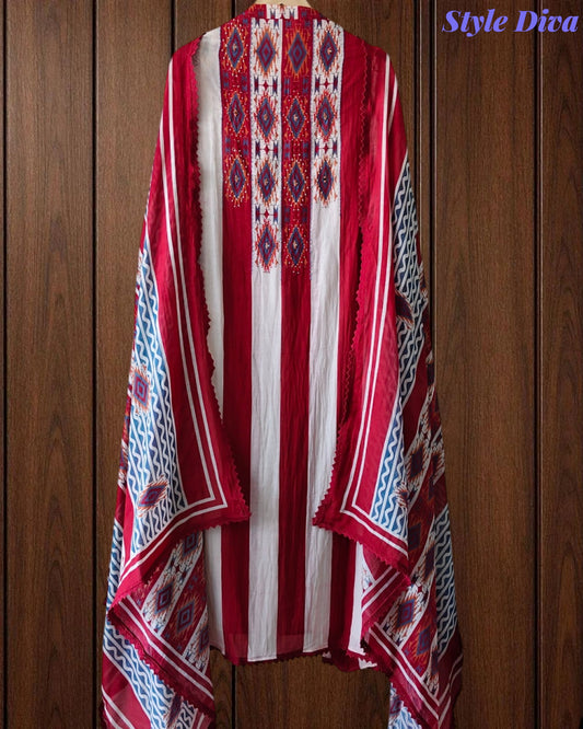 Mul Cotton Printed Unstitched Suit Set with Crochet Lacing, Pearl Highlighting & Digital Print Dupatta
