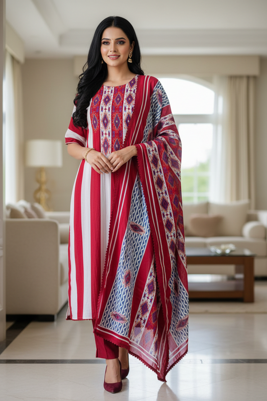 Mul Cotton Printed Unstitched Suit Set with Crochet Lacing, Pearl Highlighting & Digital Print Dupatta