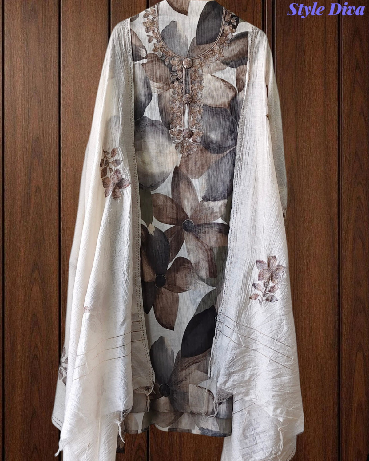 Wrinkle  Digital Print Unstitched Suit Set with Embroidery & Sequin Highlighting