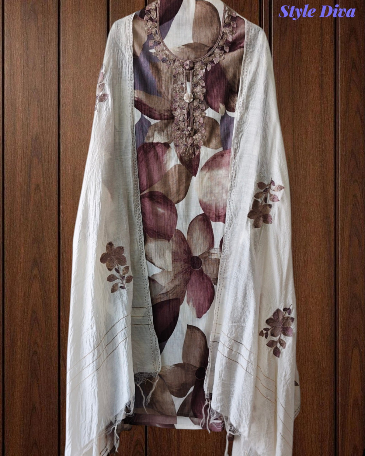 Wrinkle  Digital Print Unstitched Suit Set with Embroidery & Sequin Highlighting